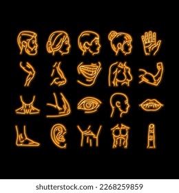 Body And Facial People Parts neon light sign vector. Female And Male, Kid And Adult Face, Wrist And Arm Muscle, Breast And Leg Human Body Line. Lip And Nose, Eyebrow And Eye Illustrations
