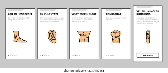 Body And Facial People Parts Onboarding Mobile App Page Screen Vector. Female And Male, Kid And Adult Face, Wrist Arm Muscle, Breast And Leg Human Body . Lip And Nose, Eyebrow And Eye Illustrations