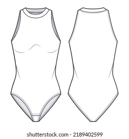 Body fashion flat technical drawing template. Girls  Bodysuit template, sleeveless, round neck, front and back view, white, fashion CAD mockup.