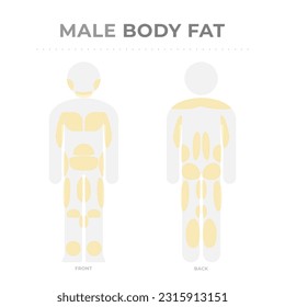 Vista frontal y posterior de grasa corporal de silueta masculina.
Pictogramas de distribución de grasa subcutánea en hombres. Medicina de infografía vectorial.
Áreas objetivo para liposucción, criolipolisis, liposcultura, congelación de grasas