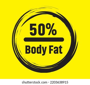 Body fat percentage calculation icon. 50% Fat percent check on yellow background- Person suffering from obesity