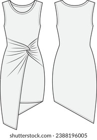 Body Fit Sleeveless Back Zipper Dress With Side Slit Front and Back View Vector Fashion Illustration , CAD, Technical Drawing, Flat Drawing