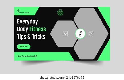 Body fitness and gym tips and tricks video cover banner design, daily fitness techniques video thumbnail banner design, fully editable vector eps 10 file format