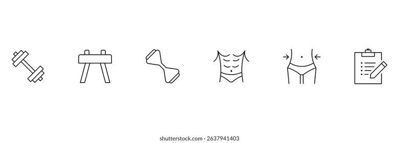 Body fitness muscle abs slimming program gym dumbbell workout training plan fat loss strength core icon vector illustration set.