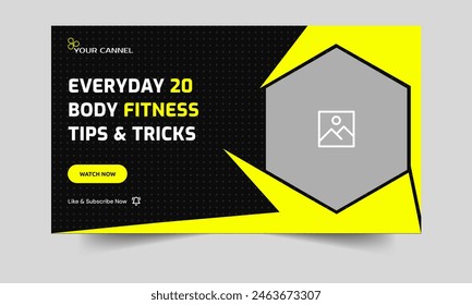 Body fitness tips and tricks video thumbnail design, creative yoga and fitness cover banner design, customizable vector eps 10 file format