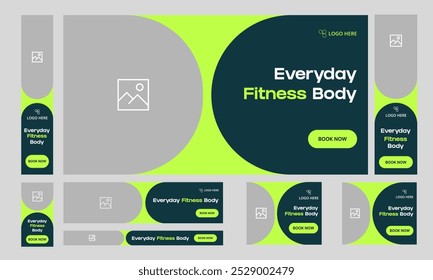 Cuerpo Fitness Vector Web Set Anuncio deisgn para la publicación de redes sociales, Web de construcción de cuerpo Paquete Anuncio diseño, Plan de entrenamiento Anuncio estándar, Vector personalizable eps 10 formato de archivo