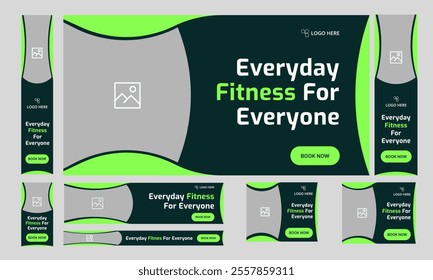 Body fitness web bundle banner design for social media post, daily fitness training web set banner design, fully customizable vector eps 10 file format