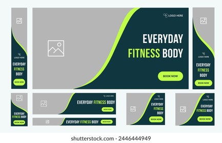 Body fitness web set banner design for social media post, everyday body fitness and yoga training web bundle banner design, fully editable vector eps 10 file format