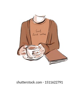 Body fragment of a girl in a cardigan and a T-shirt with the inscription but first coffee drinking coffee with a book. Watercolor hand drawn sketch illustration. Autumn mood