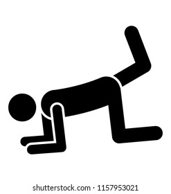 
Body in frog pose of exercise and one leg bend towards sky, pointing to plank leg icon 

