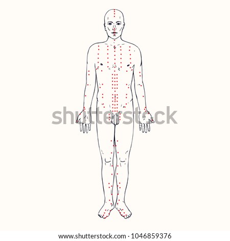 Body (front) acupuncture scheme with red points, hand drawn doodle, sketch in pop art style, black and white medical vector illustration