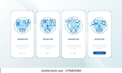 Body graph charts onboarding mobile app page screen with concepts. Individual human design type walkthrough 4 steps graphic instructions. UI vector template with RGB color illustrations