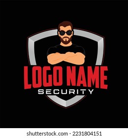 Body guard badge logo with character wearing black shirt and sunglasses. Vector illustration.