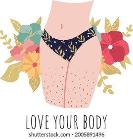 Body Hair On Thighs, Vector Hand Drawn Sticker Floral Print. Body Positive And Diversity. Normalise Body Hair On Women, Self-love. Female Plus Size Hips, Legs And Waist In Panties, Underwear