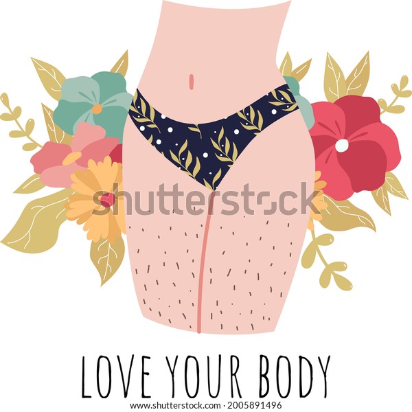 Body hair on thighs, vector hand drawn sticker\
floral print. Body positive and diversity. Normalise body hair on\
women, self-love. Female plus size hips, legs and waist in panties,\
underwear