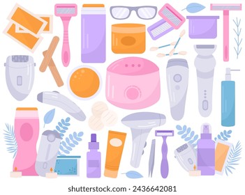 Body hair removal tools equipment, cosmetics supply set for beauty spa salon and home procedure. Wax, sugaring, electro, laser epilation, depilation, photoepilation appliance vector illustration