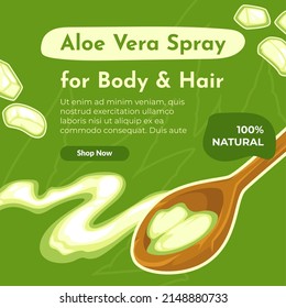 Body and hair spray with aloe vera organic ingredient. Natural product for treatment and care, shop with assortment for health. Website page, internet site, landing page template. Vector in flat style