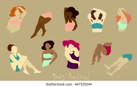 Body hair, vector flat magazine illustration. Ten images of people with body hair: armpits and legs. Body positive and diversity.