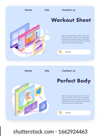 Indicadores de control de salud corporal. Programa de entrenamiento y fitness. Análisis del bienestar de la salud del estilo de vida saludable. Plantilla de diseño del sitio web del vector. Ilustración del concepto del sitio web de la página de inicio