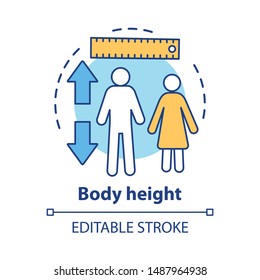 Body height check concept icon. Monitoring body growth with measuring tools idea thin line illustration. Controlling male, female height. Vector isolated outline drawing. Editable stroke