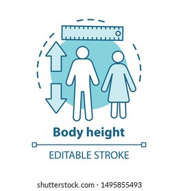 Body height parameters concept icon. Checking growth rate with measuring tools idea thin line illustration. Controlling male, female height. Vector isolated outline drawing. Editable stroke