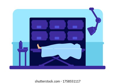 Body in hospital morgue flat color vector illustration. Corpse on wheeled bed. Mortuary room 2D cartoon interior with wheeled bed and equipment for autopsy and embalming on background