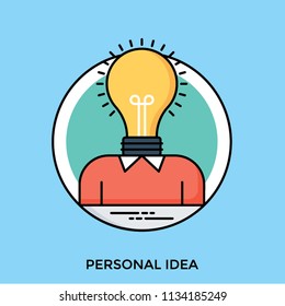 Body of a human with beaming light bulb at the place of head, idea for personal idea icon