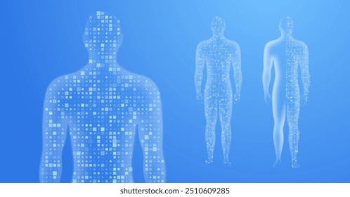 Cuerpo humano siluetas efecto de luz y partícula. Concepto para investigación médica, biotecnología y análisis de datos genéticos. Ilustración vectorial