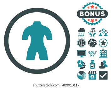 Body icon with bonus symbols. Vector illustration style is flat iconic bicolor symbols, soft blue colors, white background.