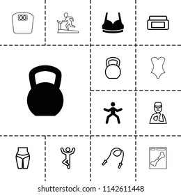 Body icon. collection of 13 body filled and outline icons such as sport bra, cream box, kettle bell, man doing exercises. editable body icons for web and mobile.