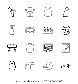 Body icon. collection of 16 body outline icons such as fitness equipment, man doing exercises, mri, pregnant woman, x-ray on display. editable body icons for web and mobile.