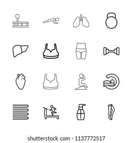 Body icon. collection of 16 body outline icons such as towels, treadmill, barbell, bottle soap, tights, sport bra, mri, liver. editable body icons for web and mobile.