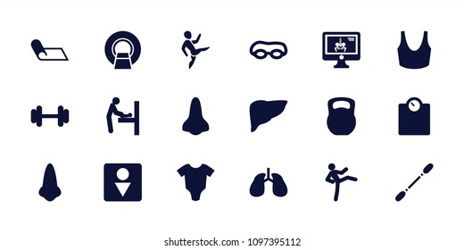 Body icon. collection of 18 body filled icons such as baby changing room, baby onesie, nose, male wc, sport bra, barbell, lungs. editable body icons for web and mobile.