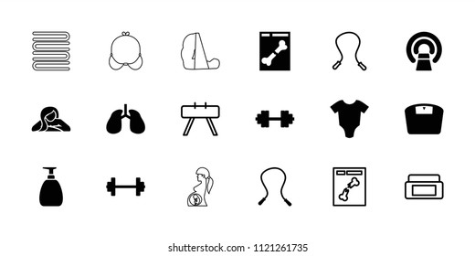 Body icon. collection of 18 body filled and outline icons such as baby onesie, skipping rope, mri, lungs, barbell   isolated. editable body icons for web and mobile.