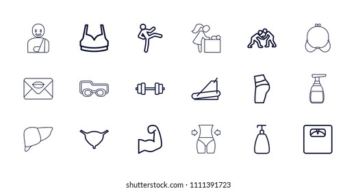 Body icon. collection of 18 body outline icons such as soap, sport bra, barbell, booty fitness, man doing exercises, floor scales. editable body icons for web and mobile.