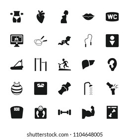 Body icon. collection of 25 body filled icons such as ear, barbell, jump rope, male wc, floor scales, treadmill, liver, bone, x ray. editable body icons for web and mobile.