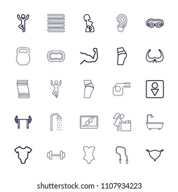 Body icon. collection of 25 body outline icons such as baby onesie, bra, male wc, booty fitness, man doing exercises, barbell. editable body icons for web and mobile.