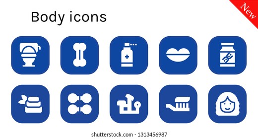 body icon set. 10 filled body icons.  Simple modern icons about  - Toilet, Bone, Antiseptic, Lips, Dna, Zen, Dumbbell, Bench press, Toothbrush, Woman