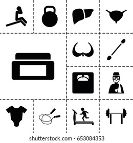 Body icon. set of 13 filled bodyicons such as baby onesie, cream box, bra, treadmill, jump rope, cotton buds, floor scales, liver, bladder, man with broken arm, kettle