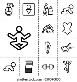 Body icon. set of 13 outline bodyicons such as baby crawl, jump rope, male wc, tights, corset, soap, judo, barbell   isolated, crawling baby, father with not in shopping cart