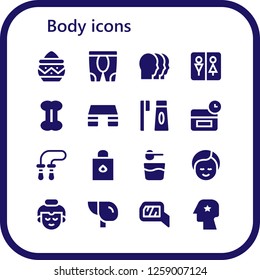  body icon set. 16 filled body icons. Simple modern icons about  - Powder, Leggings, Heads, Wc, Bone, Fitness step, Toothbrush, Anti age, Jumping rope, Body oil, Makeup, Buddha
