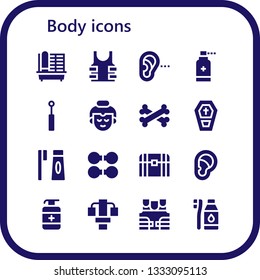 body icon set. 16 filled body icons.  Collection Of - Cage, Bulletproof, Listening, Antiseptic, Mirror, Buddha, Bones, Coffin, Toothbrush, Dumbbell, Chest, Ear, Gym station, Bulletproof vest