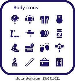 Body Icon Set. 16 Filled Body Icons.  Collection Of - Mirror, Gym Station, Tshirt, Dumbbell, Treadmill, Airbrush, Heads, Dna, Running, Anti Age, Feet, Dragonfly, Woman, Hair Removal