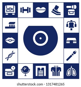 body icon set. 17 filled body icons.  Simple modern icons about  - Chest, Toothbrush, Kiss, Breast, Genetic, Gym station, Fitness step, Makeup, Anti age, Dumbbell, Mirror, Lips