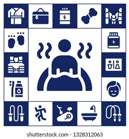 body icon set. 17 filled body icons.  Collection Of - Robe, Feet, Bulletproof vest, Bath, Tooth Brush, Protein, Wc, Makeup, Jumping rope, Cosmetics, Run, Proteins, Stationary bike