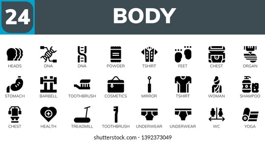 body icon set. 24 filled body icons.  Collection Of - Heads, Dna, Powder, Tshirt, Feet, Chest, Organ, Stomach, Barbell, Toothbrush, Cosmetics, Mirror, Woman, Shampoo, Health, Treadmill