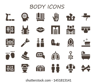 body icon set. 30 filled body icons.  Simple modern icons about  - Treadmill, Head, Cage, Radiography, Bench press, Airbrush, Wc, Bulletproof, Kiss, Gym station, Bulletproof vest
