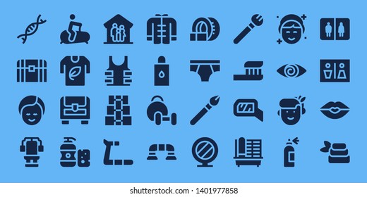 body icon set. 32 filled body icons. on blue background style Collection Of - Genetic, Chest, Makeup, Stationary bike, Tshirt, Shampoo, Family, Bulletproof, Dumbbell, Treadmill