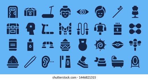 body icon set. 32 filled body icons. on blue background style Collection Of - Public toilet, Chest, Powder, Head, Body oil, Hair removal, Treadmill, Push up, Listening, Buddha