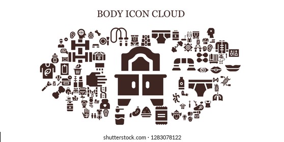  body icon set. 93 filled body icons. Simple modern icons about  - Mirror, Human body, Head, Jumping rope, Dumbbell, Underwear, Powder, Stomach, Makeup, Ossuary, Bone, Ear, Fitness step